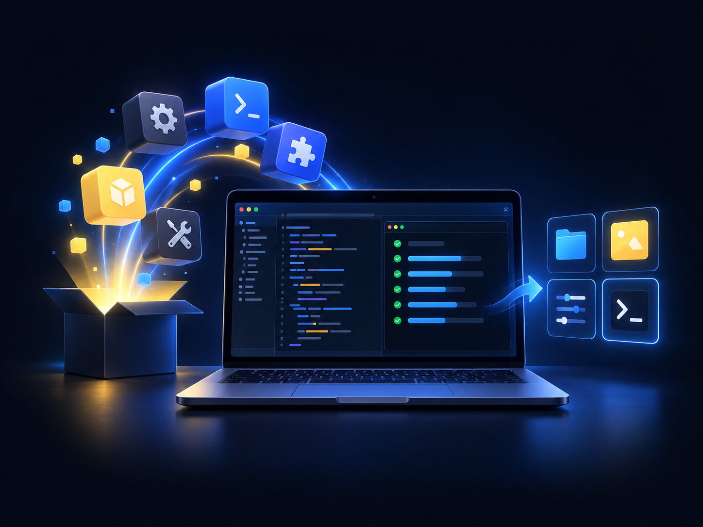 A developer laptop with a workspace setup checklist and application tools