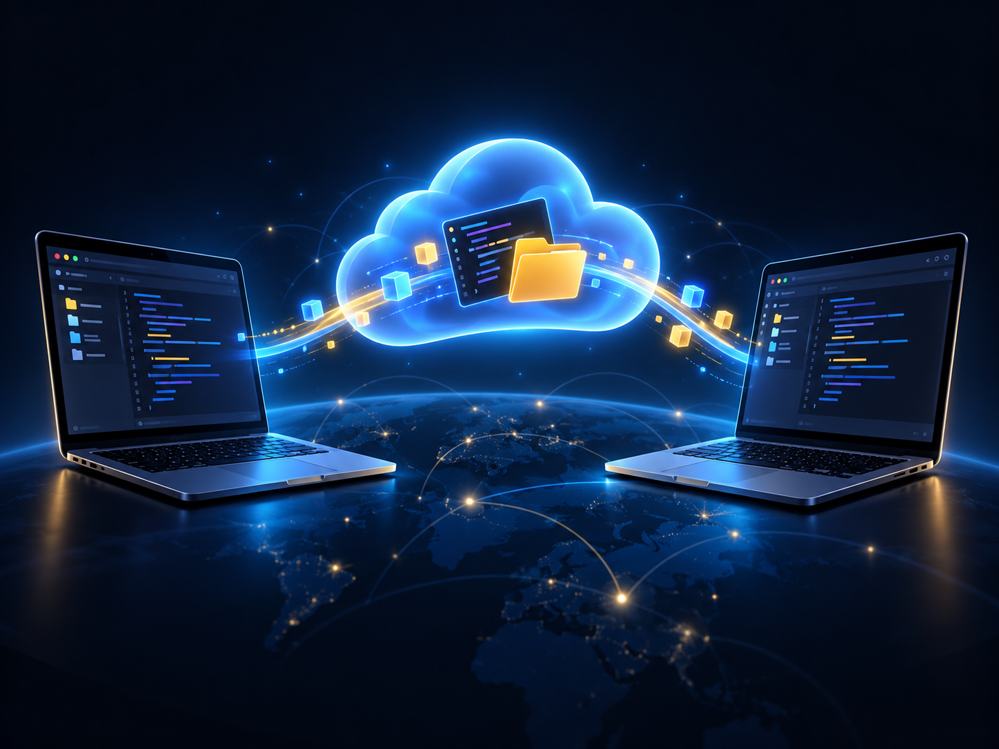 Two laptops connected through a cloud, representing workspace handoff beyond a local network