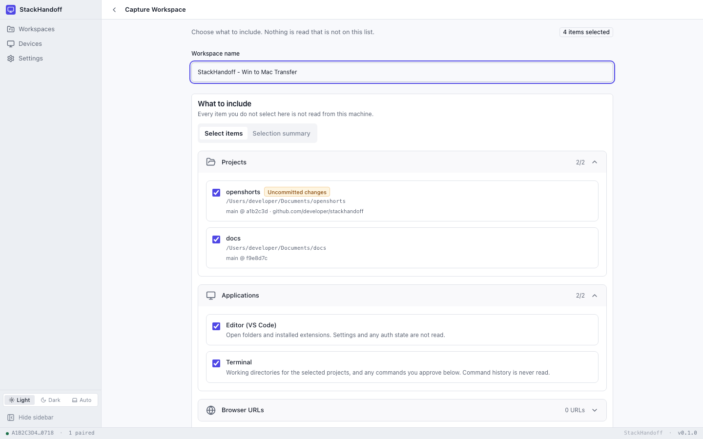 The StackHandoff Capture Workspace screen, with two project rows selected — openshorts, flagged as having uncommitted changes, and docs — plus the VS Code and Terminal applications.