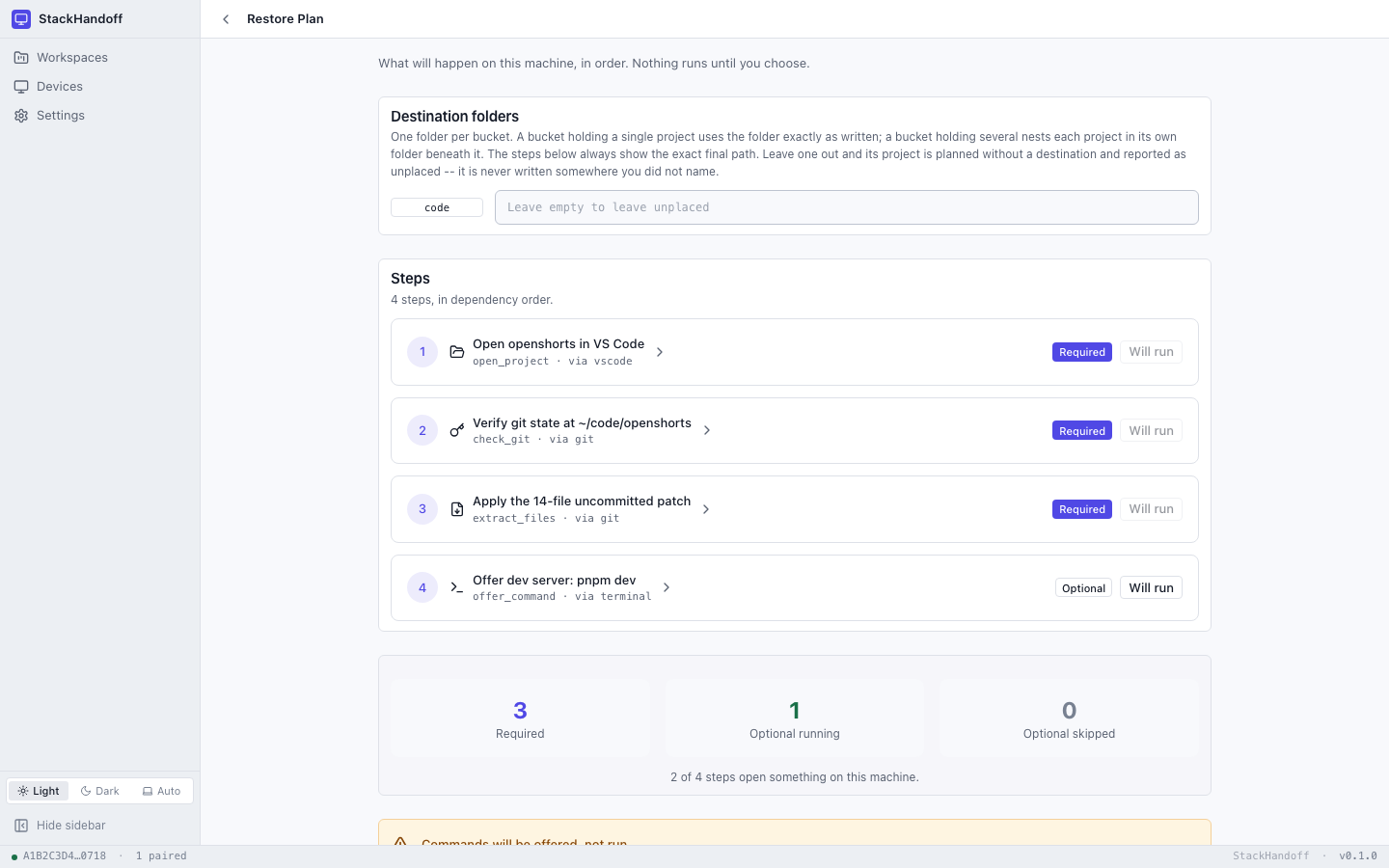 The StackHandoff Restore Plan screen on the destination machine: four steps in dependency order, three required and one optional, with the patch step and the destination path spelled out.
