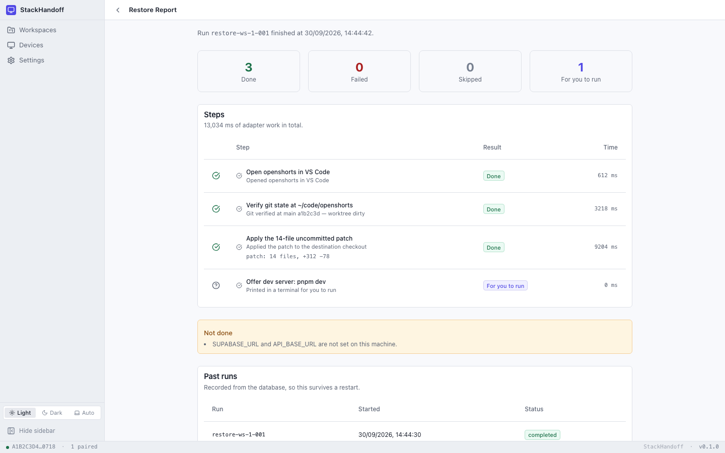 The Restore Report screen: three steps done and one left for you to run, with the patch applied to the destination checkout and the git state verified.